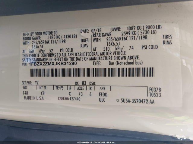 Продаж на аукціоні авто 2018 Ford Transit-350 Xl, vin: 1FBZX2ZMXJKB31290, номер лоту: 46096415