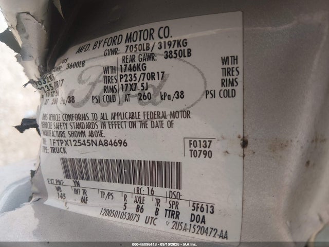 Продаж на аукціоні авто 2005 Ford F-150 Lariat/xl/xlt, vin: 1FTPX12545NA84696, номер лоту: 46096418
