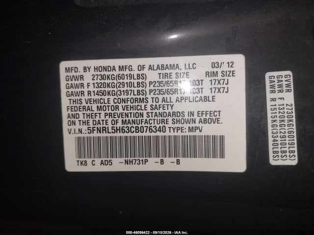 2012 Honda Odyssey Ex-l მანქანა იყიდება აუქციონზე, vin: 5FNRL5H63CB076340, აუქციონის ნომერი: 46096422