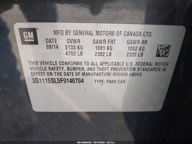 46096426 :رقم المزاد ، 2G1115SL5F9146794 vin ، 2015 Chevrolet Impala 1lt مزاد بيع