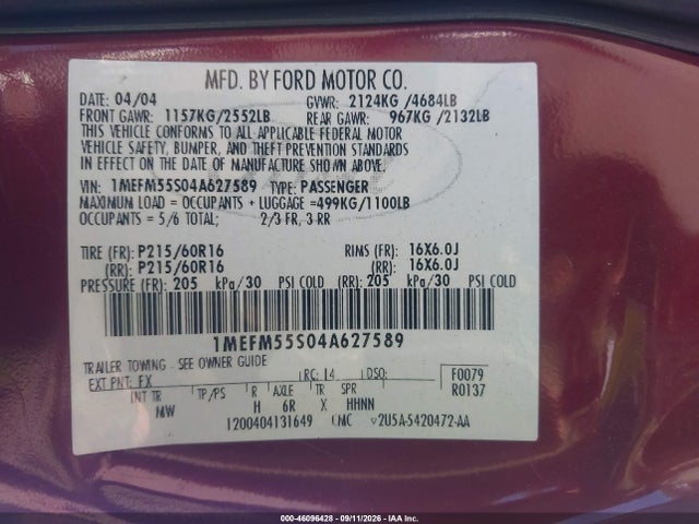 Aukcja sprzedaży 2004 Mercury Sable Ls Premium, vin: 1MEFM55S04A627589, numer aukcji: 46096428