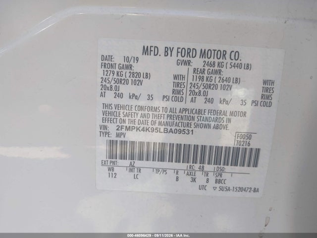 46096429 :رقم المزاد ، 2FMPK4K95LBA09531 vin ، 2020 Ford Edge Titanium مزاد بيع