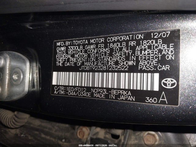 46096430 :رقم المزاد ، JTDBT923281232522 vin ، 2008 Toyota Yaris مزاد بيع