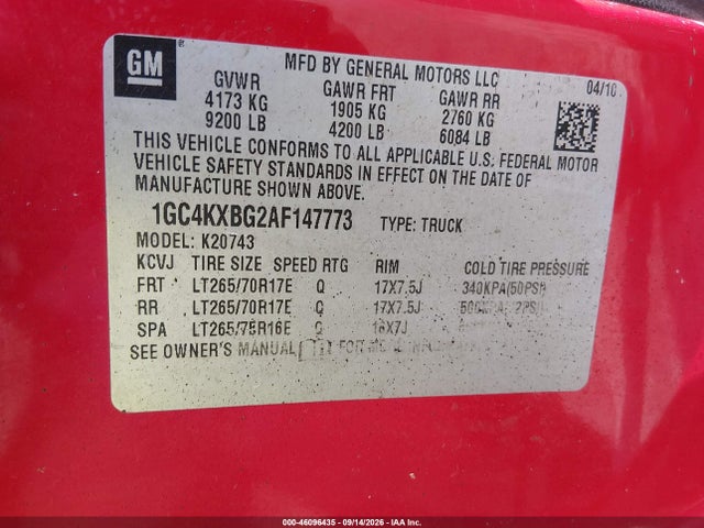 46096435 :رقم المزاد ، 1GC4KXBG2AF147773 vin ، 2010 Chevrolet Silverado 2500hd Lt مزاد بيع