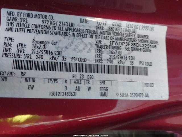 Aukcja sprzedaży 2013 Ford Focus Se, vin: 1FADP3F28DL225106, numer aukcji: 46096450