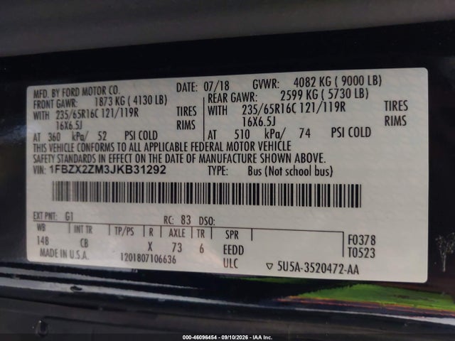 46096454 :رقم المزاد ، 1FBZX2ZM3JKB31292 vin ، 2018 Ford Transit-350 Xl مزاد بيع