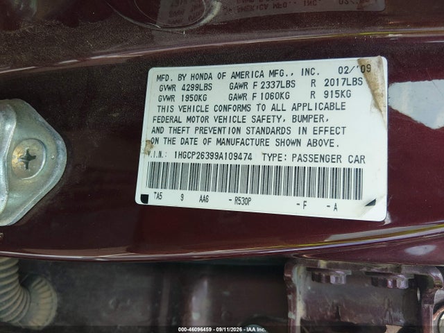 46096459 :رقم المزاد ، 1HGCP26399A109474 vin ، 2009 Honda Accord 2.4 Lx مزاد بيع