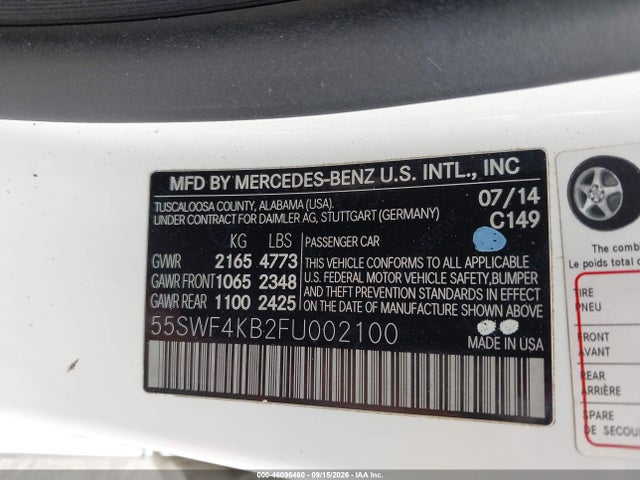 46096460 :رقم المزاد ، 55SWF4KB2FU002100 vin ، 2015 Mercedes-benz C 300 4matic مزاد بيع