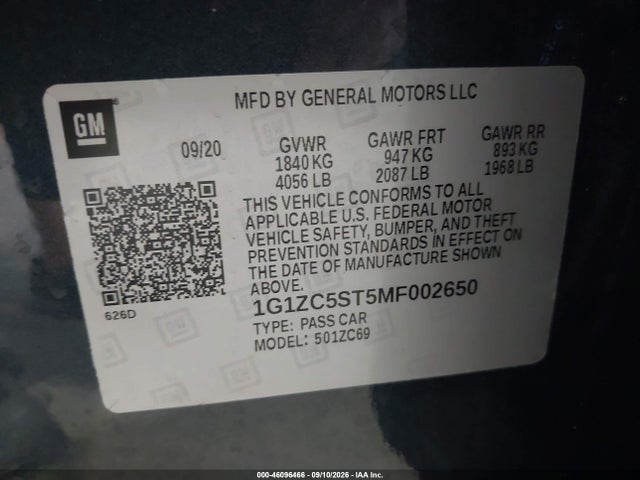 Продаж на аукціоні авто 2021 Chevrolet Malibu Fwd 1fl, vin: 1G1ZC5ST5MF002650, номер лоту: 46096466
