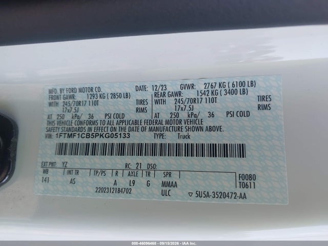 Продажа на аукционе авто 2023 Ford F-150 Xl, vin: 1FTMF1CB5PKG05133, номер лота: 46096468