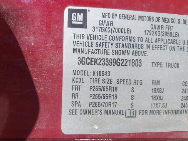Продаж на аукціоні авто 2009 Chevrolet Silverado 1500 Lt, vin: 3GCEK23399G221803, номер лоту: 46096469