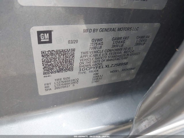 Продаж на аукціоні авто 2020 Chevrolet Silverado 1500 4wd  Short Bed Lt Trail Boss, vin: 1GCPYFELXLZ258958, номер лоту: 46096470