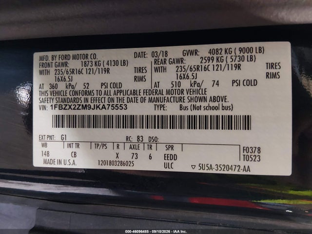 Продаж на аукціоні авто 2018 Ford Transit-350 Xl, vin: 1FBZX2ZM9JKA75553, номер лоту: 46096485