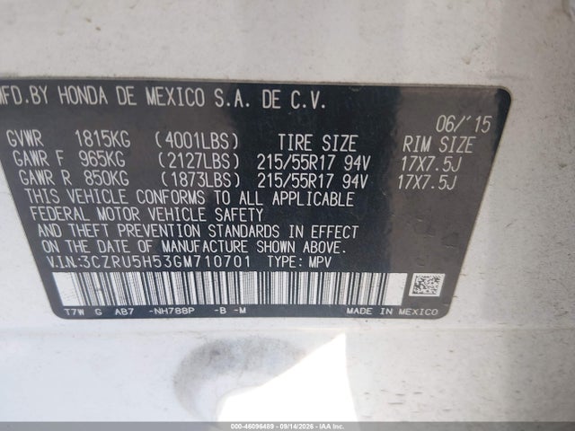 Aukcja sprzedaży 2016 Honda Hr-v Ex, vin: 3CZRU5H53GM710701, numer aukcji: 46096489