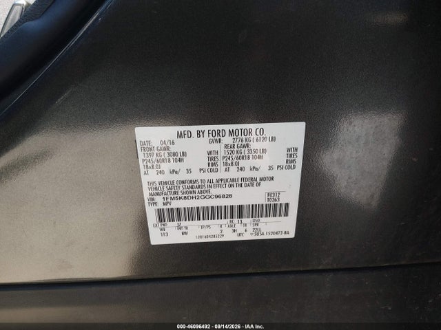 46096492 :رقم المزاد ، 1FM5K8DH2GGC96828 vin ، 2016 Ford Explorer Xlt مزاد بيع