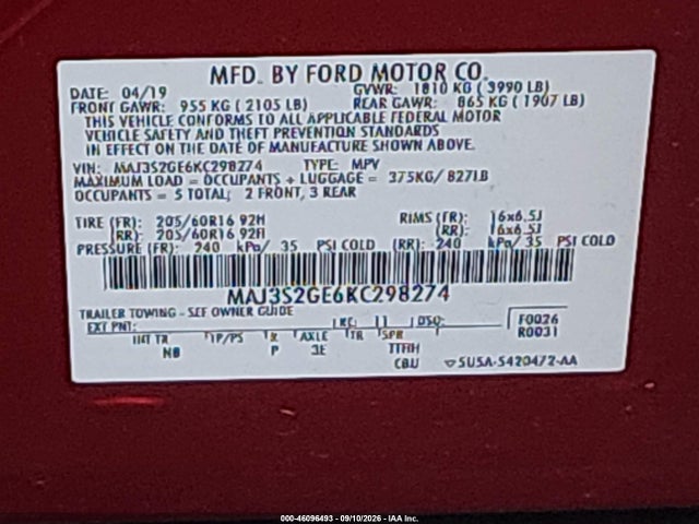 2019 Ford Ecosport Se მანქანა იყიდება აუქციონზე, vin: MAJ3S2GE6KC298274, აუქციონის ნომერი: 46096493