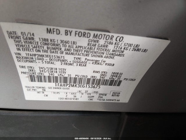 46096498 :رقم المزاد ، 1FAHP2MK3EG153675 vin ، 2014 Ford Police Interceptor مزاد بيع