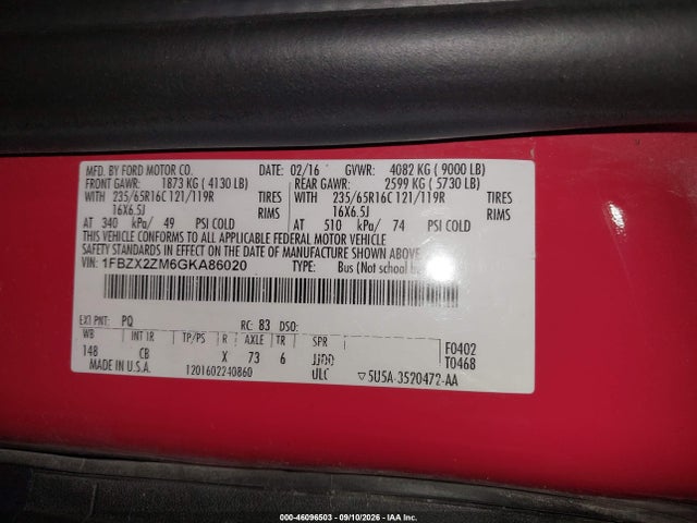 Продажа на аукционе авто 2016 Ford Transit-350 Xl, vin: 1FBZX2ZM6GKA86020, номер лота: 46096503
