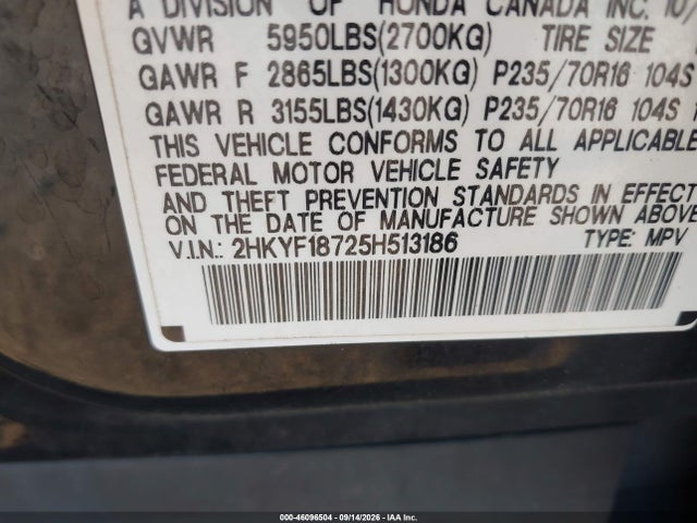 Aukcja sprzedaży 2005 Honda Pilot Ex-l, vin: 2HKYF18725H513186, numer aukcji: 46096504