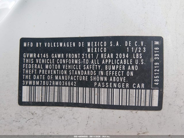 2024 Volkswagen Jetta 1.5t Sport მანქანა იყიდება აუქციონზე, vin: 3VWBM7BU2RM036642, აუქციონის ნომერი: 46096508