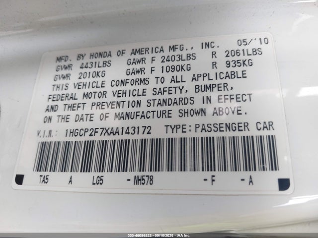 Aukcja sprzedaży 2010 Honda Accord 2.4 Ex, vin: 1HGCP2F7XAA143172, numer aukcji: 46096522