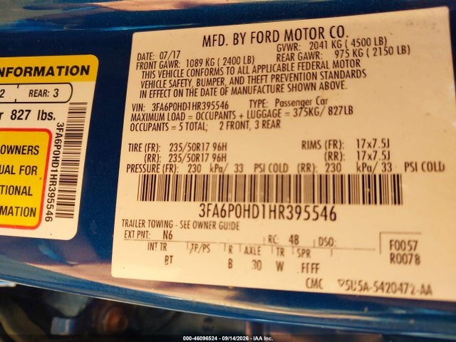 46096524 :رقم المزاد ، 3FA6P0HD1HR395546 vin ، 2017 Ford Fusion Se مزاد بيع