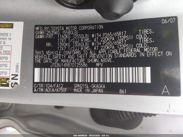 Aukcja sprzedaży 2007 Toyota 4runner Sr5 V6, vin: JTEBU14R870125586, numer aukcji: 46096529