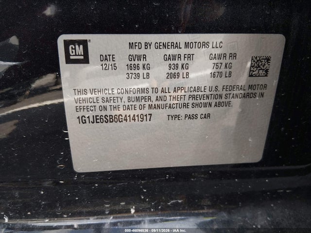 Продаж на аукціоні авто 2016 Chevrolet Sonic Ltz Auto, vin: 1G1JE6SB6G4141917, номер лоту: 46096536