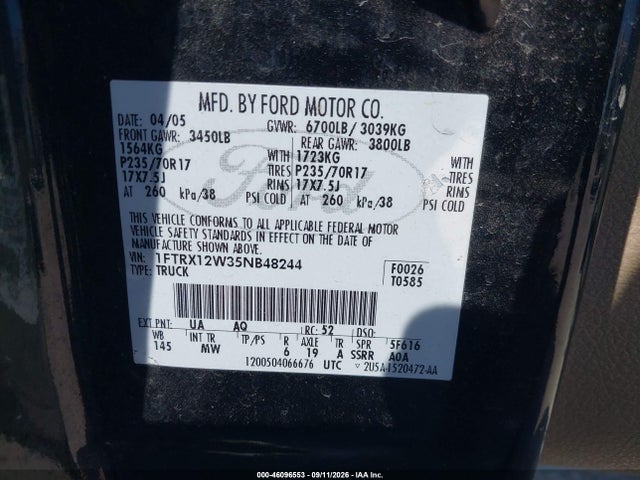 2005 Ford F-150 Stx/xl/xlt მანქანა იყიდება აუქციონზე, vin: 1FTRX12W35NB48244, აუქციონის ნომერი: 46096553