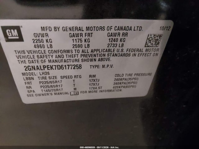 46096559 :رقم المزاد ، 2GNALPEK7D6177258 vin ، 2013 Chevrolet Equinox Lt مزاد بيع