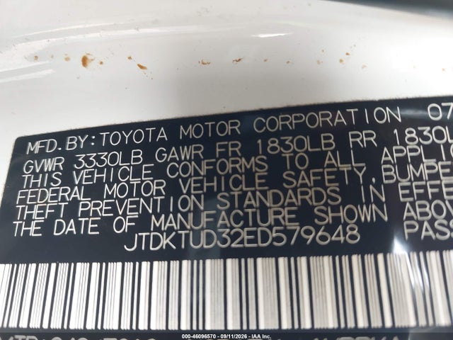 Aukcja sprzedaży 2014 Toyota Yaris Le (tmc/cbu Plant), vin: JTDKTUD32ED579648, numer aukcji: 46096570
