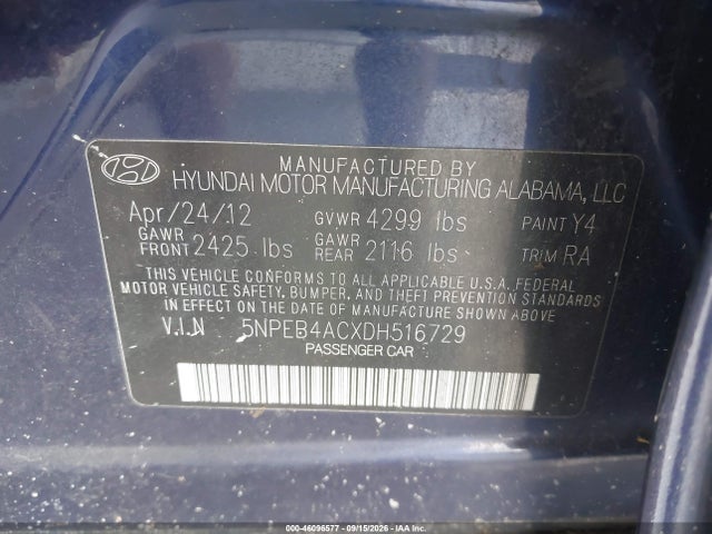 46096577 :رقم المزاد ، 5NPEB4ACXDH516729 vin ، 2013 Hyundai Sonata Gls مزاد بيع