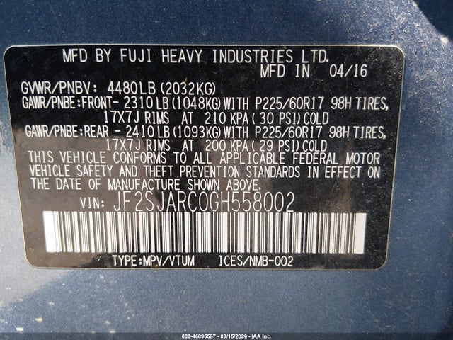 Aukcja sprzedaży 2016 Subaru Forester 2.5i Limited, vin: JF2SJARC0GH558002, numer aukcji: 46096587