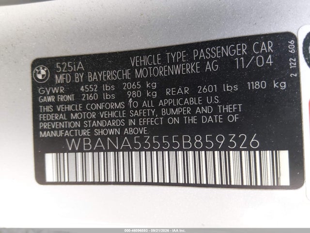 2005 Bmw 525i მანქანა იყიდება აუქციონზე, vin: WBANA53555B859326, აუქციონის ნომერი: 46096593