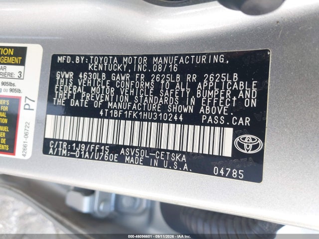 Продаж на аукціоні авто 2017 Toyota Camry Se, vin: 4T1BF1FK1HU310244, номер лоту: 46096601