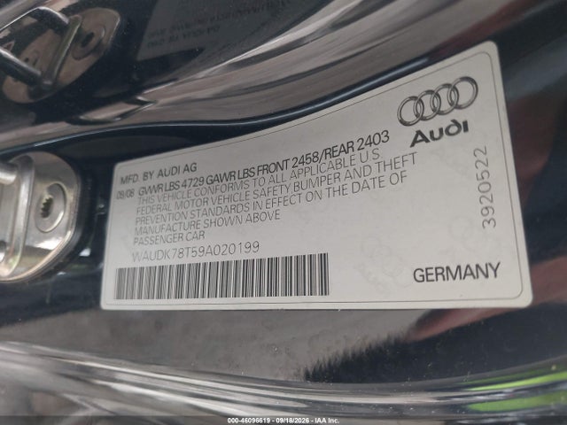 46096619 :رقم المزاد ، WAUDK78T59A020199 vin ، 2009 Audi A5 3.2l مزاد بيع