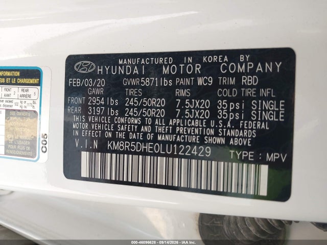 2020 Hyundai Palisade Limited მანქანა იყიდება აუქციონზე, vin: KM8R5DHE0LU122429, აუქციონის ნომერი: 46096628
