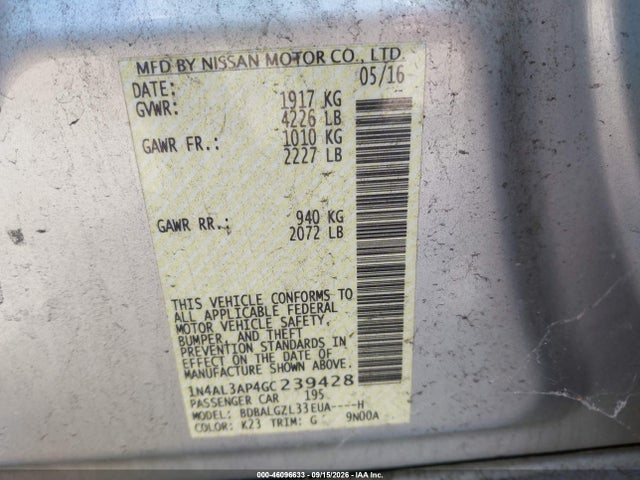 2016 Nissan Altima 2.5 S მანქანა იყიდება აუქციონზე, vin: 1N4AL3AP4GC239428, აუქციონის ნომერი: 46096633