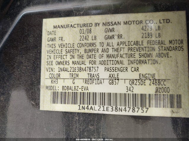 2008 Nissan Altima 2.5 S მანქანა იყიდება აუქციონზე, vin: 1N4AL21E38N478757, აუქციონის ნომერი: 46096636