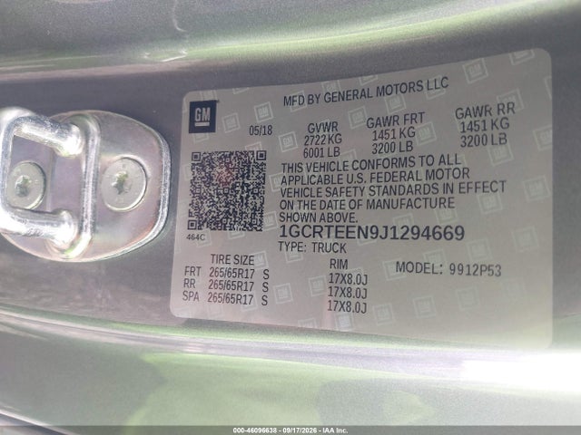 Aukcja sprzedaży 2018 Chevrolet Colorado Zr2, vin: 1GCRTEEN9J1294669, numer aukcji: 46096638