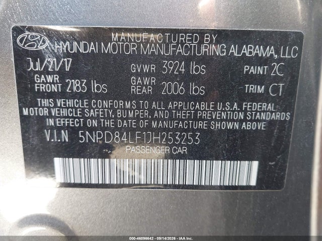 Aukcja sprzedaży 2018 Hyundai Elantra Value Edition, vin: 5NPD84LF1JH253253, numer aukcji: 46096642