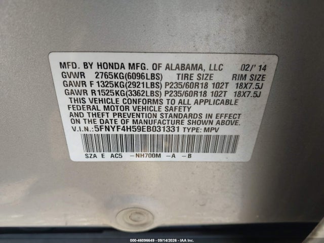 Продаж на аукціоні авто 2014 Honda Pilot Ex-l, vin: 5FNYF4H59EB031331, номер лоту: 46096649