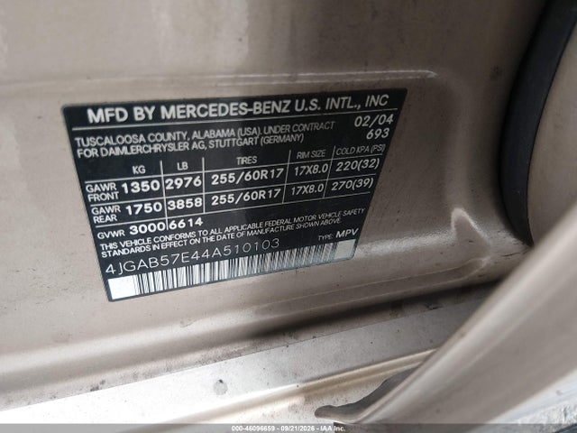 Aukcja sprzedaży 2004 Mercedes-benz Ml 350 4matic, vin: 4JGAB57E44A510103, numer aukcji: 46096659