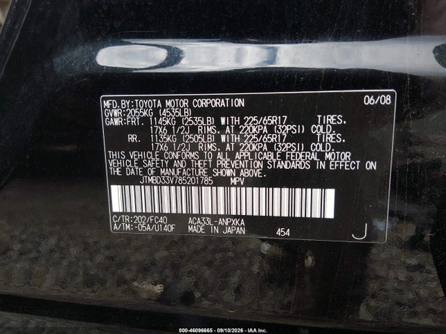 Aukcja sprzedaży 2008 Toyota Rav4, vin: JTMBD33V785201785, numer aukcji: 46096665