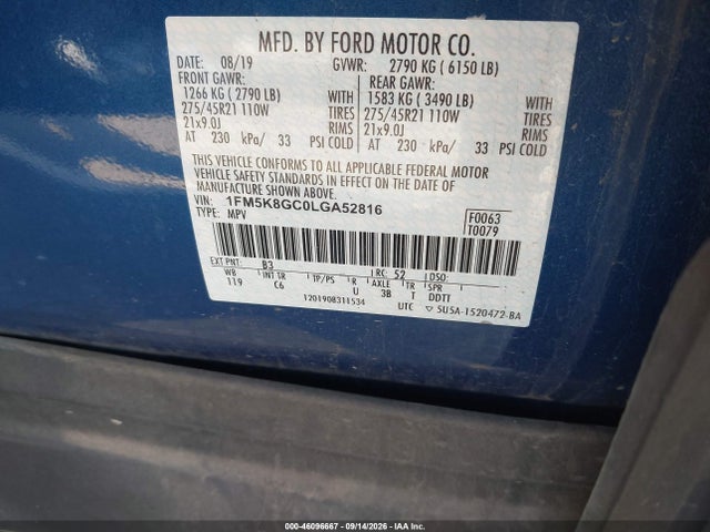2020 Ford Explorer St მანქანა იყიდება აუქციონზე, vin: 1FM5K8GC0LGA52816, აუქციონის ნომერი: 46096667