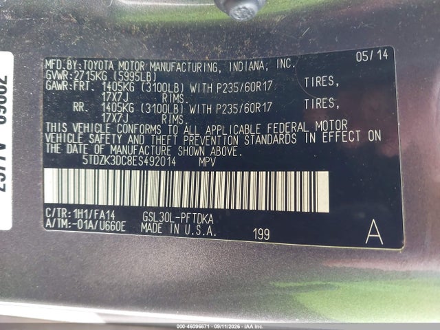 Aukcja sprzedaży 2014 Toyota Sienna L V6 7 Passenger, vin: 5TDZK3DC8ES492014, numer aukcji: 46096671