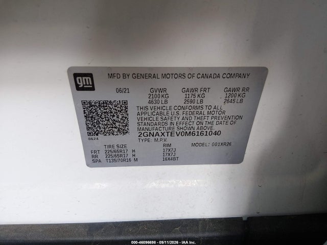 Aukcja sprzedaży 2021 Chevrolet Equinox Awd 2fl, vin: 2GNAXTEV0M6161040, numer aukcji: 46096698