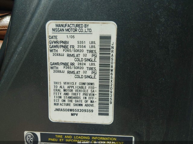 2005 Infiniti Fx35 მანქანა იყიდება აუქციონზე, vin: JNRAS08W65X209359, აუქციონის ნომერი: 46096711