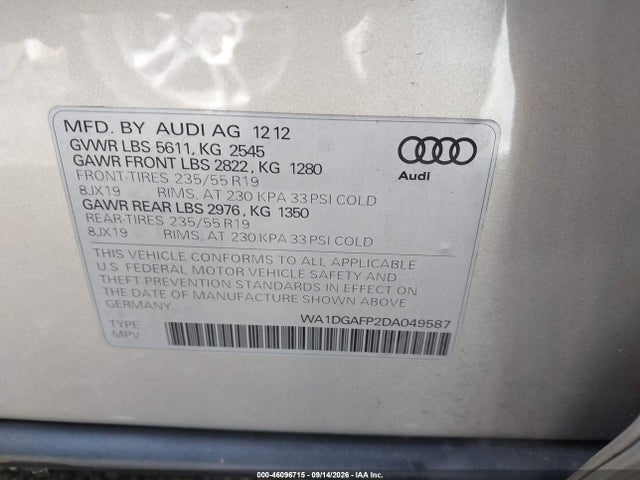 Продаж на аукціоні авто 2013 Audi Q5 3.0t Premium Plus, vin: WA1DGAFP2DA049587, номер лоту: 46096715