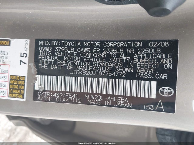 Продажа на аукционе авто 2008 Toyota Prius, vin: JTDKB20U187754772, номер лота: 46096727
